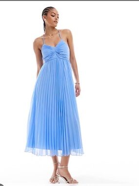 ASOS Light Blue Pleated Spaghetti-Strap Midi Dress